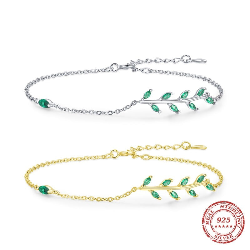 Sterling Silver Green Leaf Zirconia Chain Bracelet