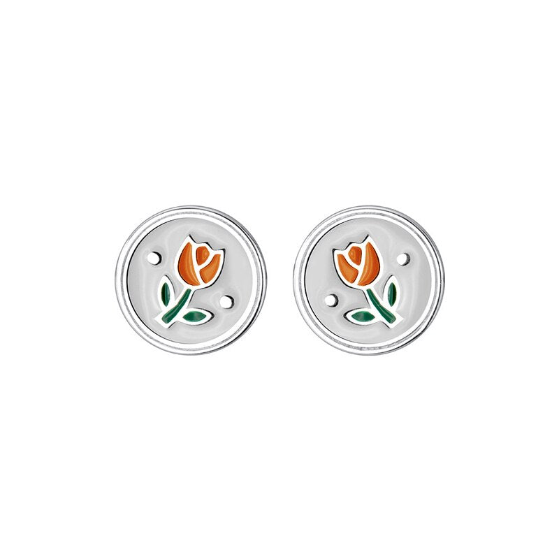 Sterling Silver Vintage Enamel Flower Stud Earrings