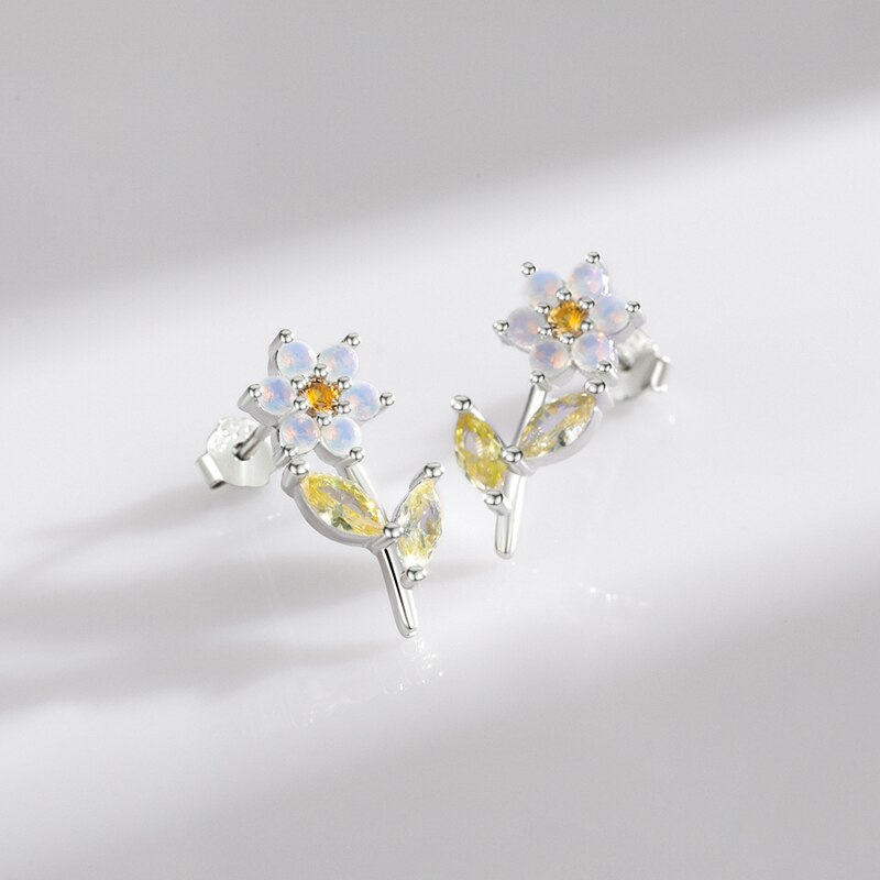 Sterling Silver Flower Opal Stud Earrings