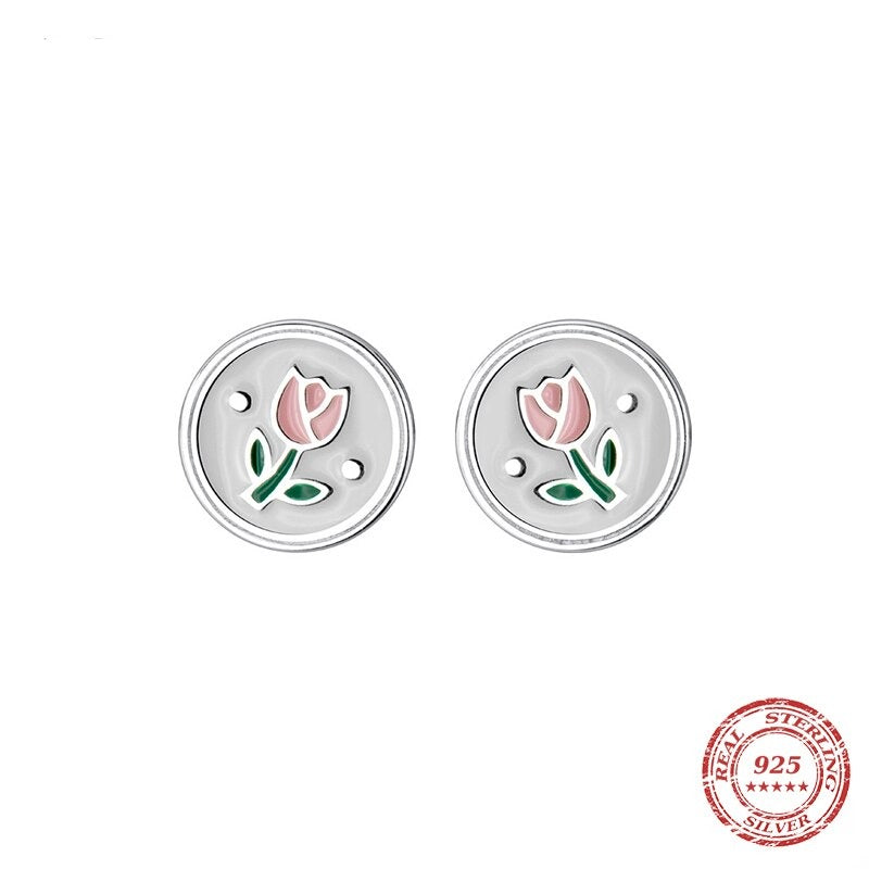 Sterling Silver Vintage Enamel Flower Stud Earrings