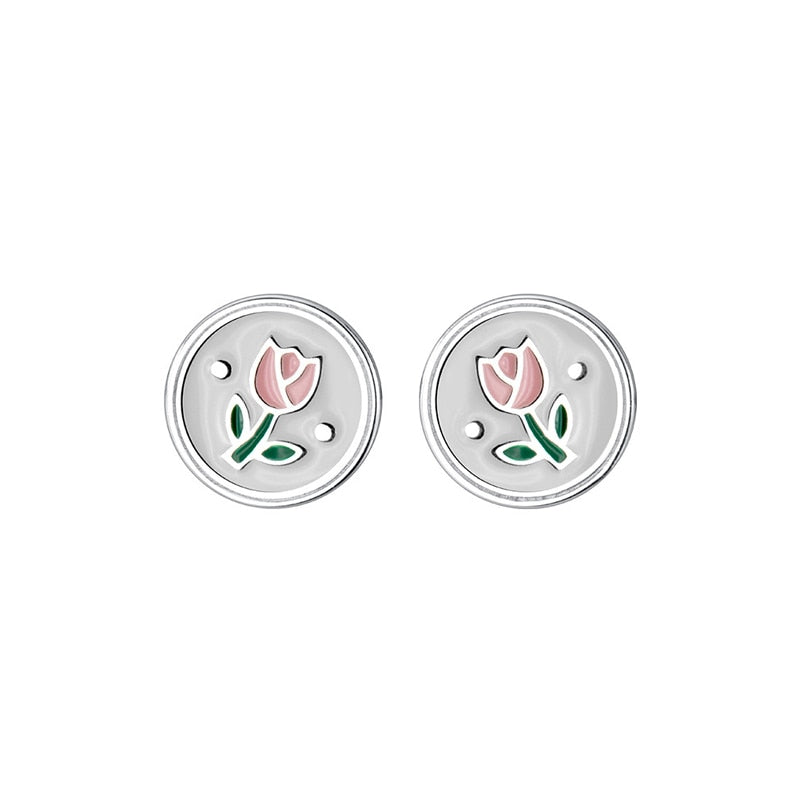 Sterling Silver Vintage Enamel Flower Stud Earrings