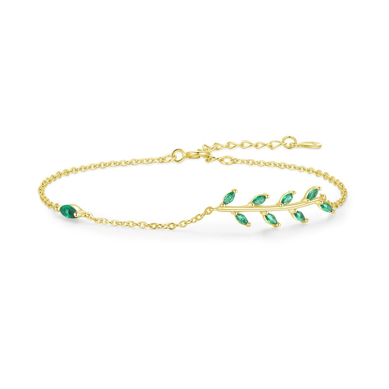 Sterling Silver Green Leaf Zirconia Chain Bracelet