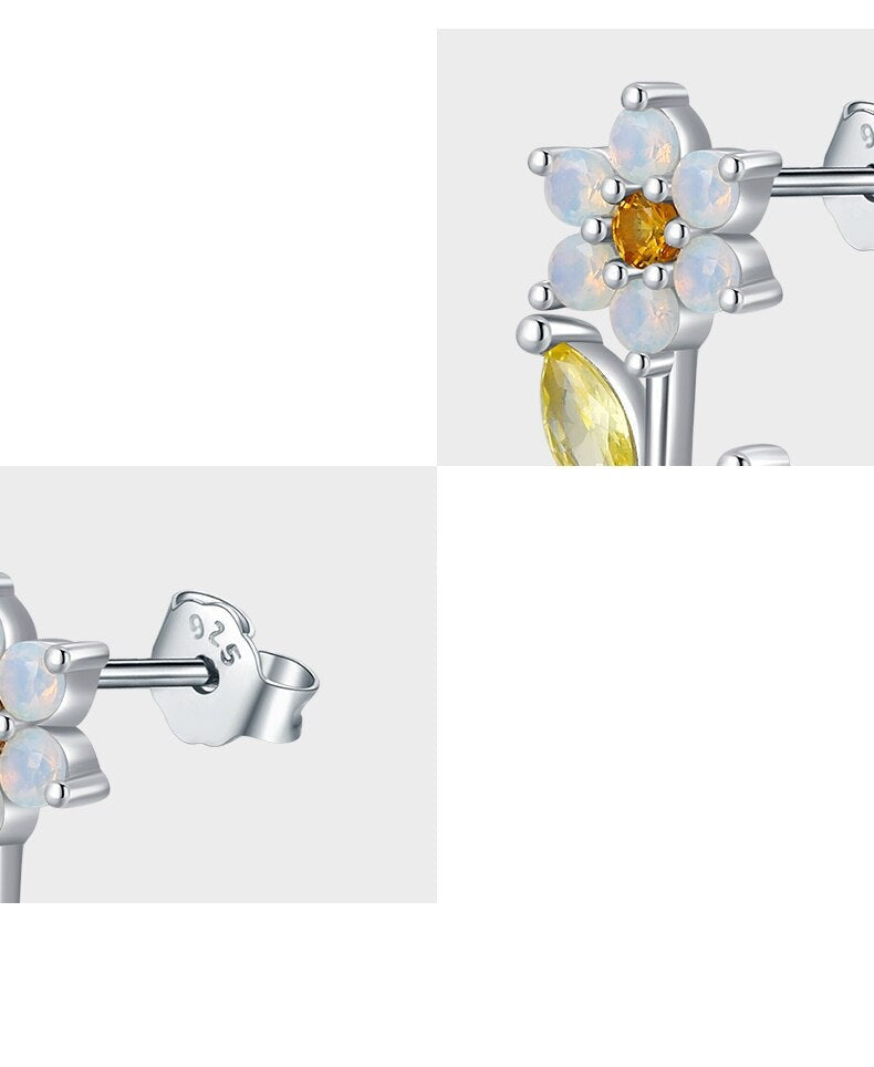 Sterling Silver Flower Opal Stud Earrings