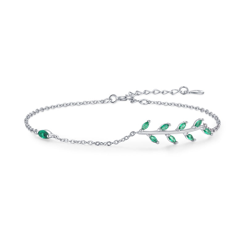 Sterling Silver Green Leaf Zirconia Chain Bracelet
