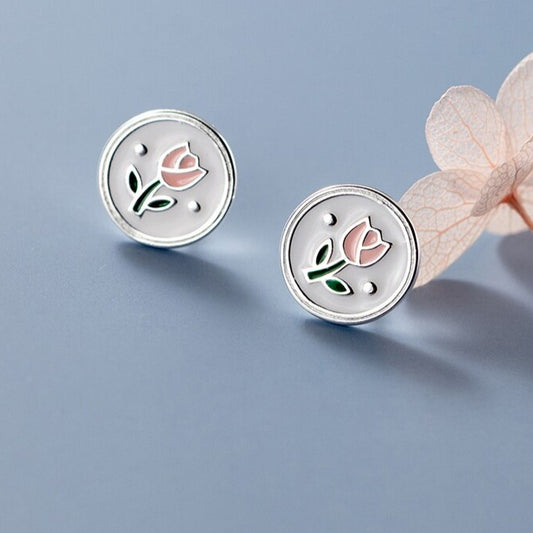Sterling Silver Vintage Enamel Flower Stud Earrings