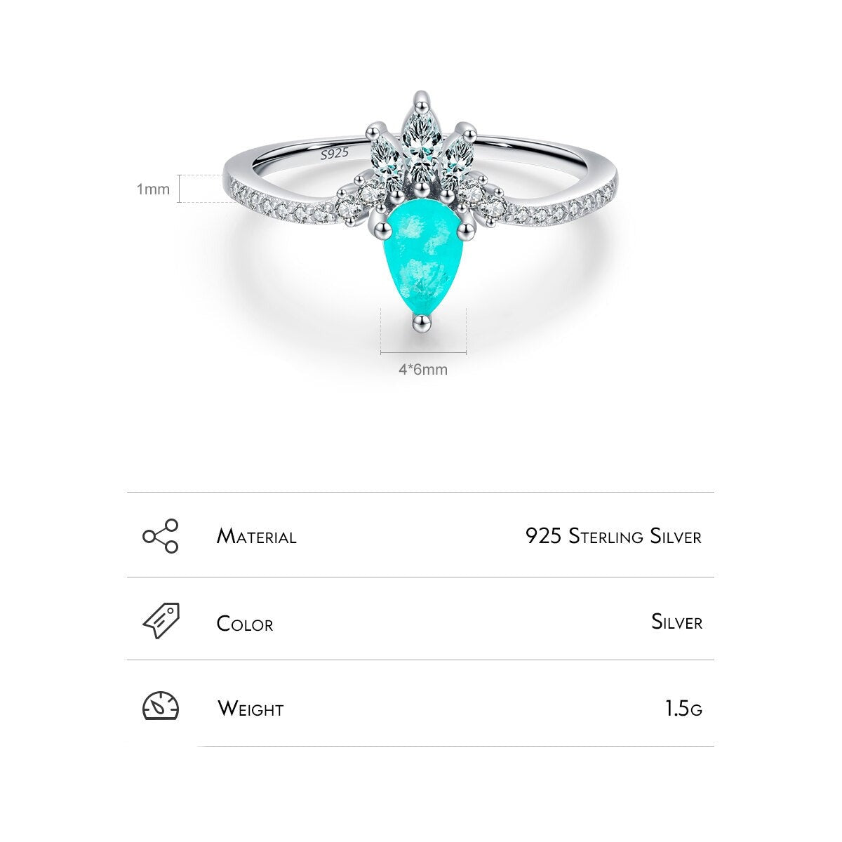 Sterling Silver Paraiba Tourmaline Crown Ring