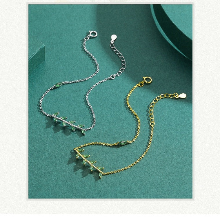 Sterling Silver Green Leaf Zirconia Chain Bracelet