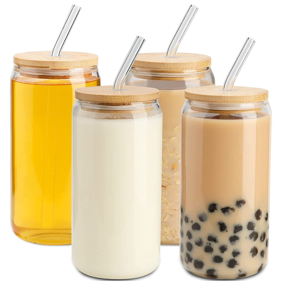 Glass Drinkware With Lid and Straw