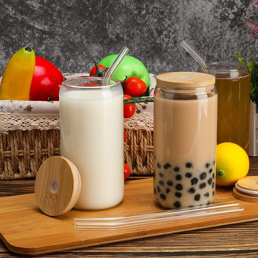 Glass Drinkware With Lid and Straw