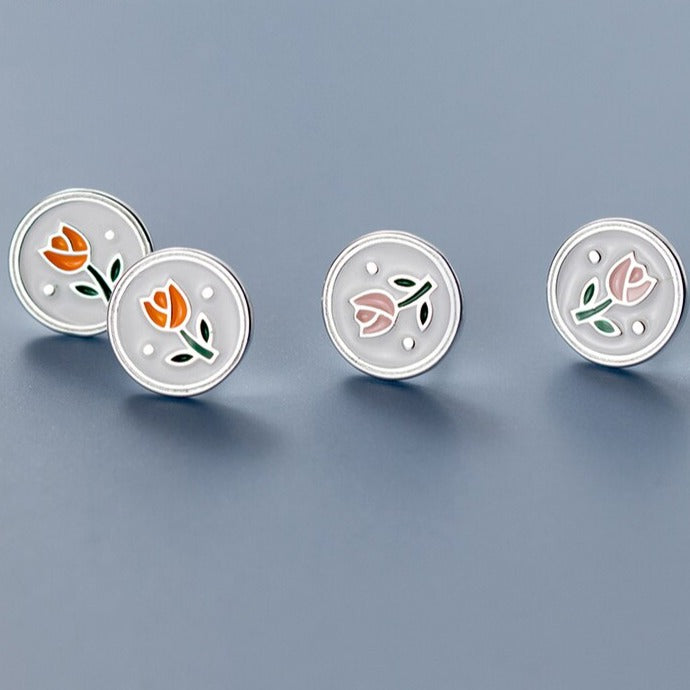 Sterling Silver Vintage Enamel Flower Stud Earrings